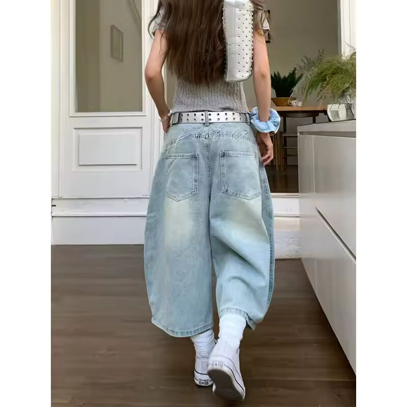 Trendy Denim Shorts Women's High-Waisted Vintage Petite Loose-Fit Straight-Leg Slimming Five-point Pants Summer Style