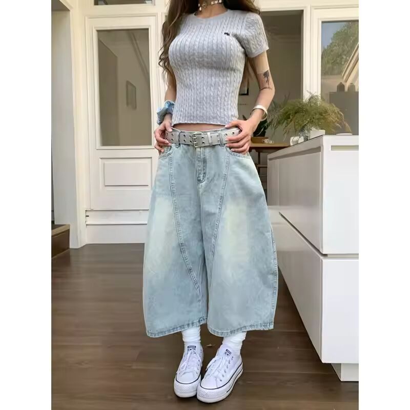 Trendy Denim Shorts Women's High-Waisted Vintage Petite Loose-Fit Straight-Leg Slimming Five-point Pants Summer Style